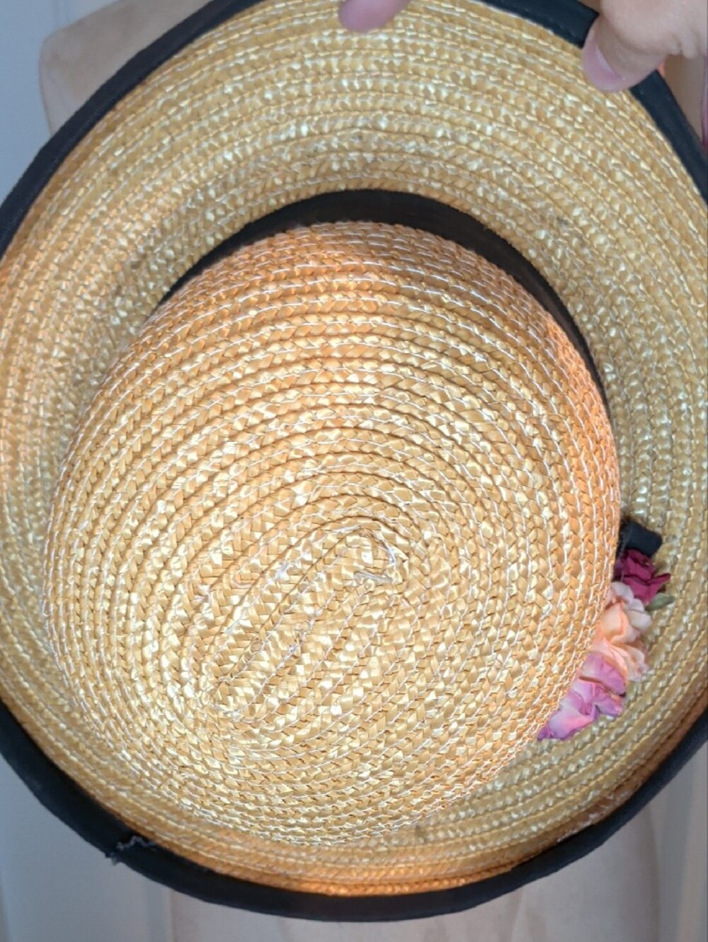 Vintage Tan Straw Sun Hat Bowler Black Ribbon Trim and Pink Flower - Picture 8 of 9